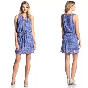 Lucky Brand Irving & Fine Tank Dress Embroidered Blue Print V Neck Sz XL